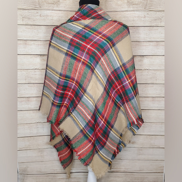 Red Tan Plaid Triangle Blanket Scarf Shawl Wrap - Picture 3 of 4